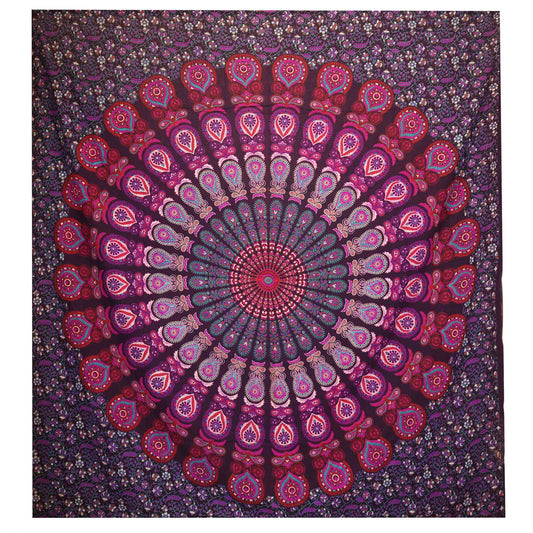 Double Cotton Bedspread + Wall Hanging - Peacock Mandala - Purple