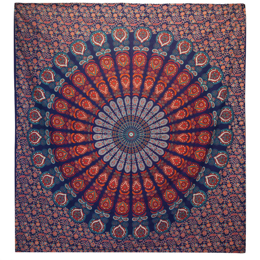 Double Cotton Bedspread + Wall Hanging - Peacock Mandala - Blue