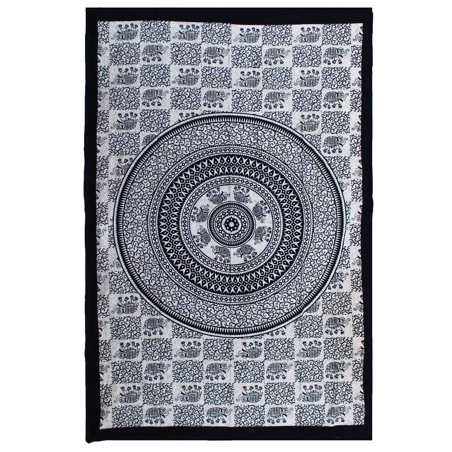 Single Cotton Bedspread + Wall Hanging - Mono - Elephant Mandala