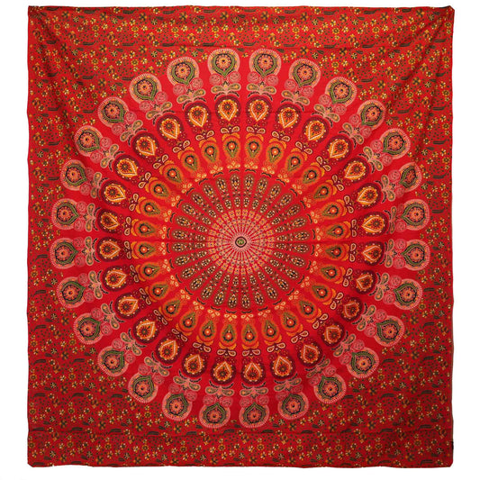 Double Cotton Bedspread + Wall Hanging - Peacock Mandala - Red